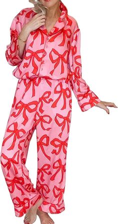 MAINESAKA Womens Button Down Pajamas Set Long Sleeve Bow/Heart Print Button Up Shirt Lounge Pants y2k Pjs Cute Sleepwear (Bow, M) at Amazon Women’s Clothing store Floral Pajama Set, Cute Sleepwear, Bow Print, Cute Pants, Sleepwear & Loungewear, Sleepwear Sets, Print Pajamas, Pajamas Set, Long Sleeve Pyjamas