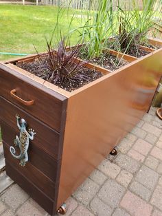 an outdoor planter box with plants in it and a lizard figurine on the side