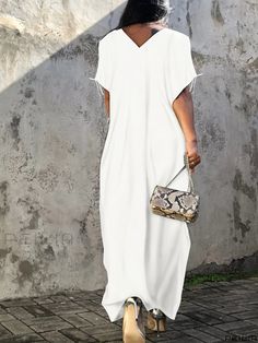 Peilia - Modest V-Neck Cover-Up Dress: Relaxed Fit with Stylish Tie Sides, Non-Stretch Solid Beachwear Kaftan for Womens Swimwear and Clothing Collection White Flowy V-neck Maxi Dress, White Maxi V-neck Dress For Beach, White Maxi-length V-neck Beach Dress, White Short Sleeve V-neck Dress For Vacation, White V-neck Maxi Dress For Beach, Solid Color V-neck Maxi Dress For Beach, Solid Color V-neck Maxi Dress For Vacation, Casual White V-neck Dress For Beach, V-neck Maxi Dress For Vacation