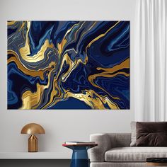 an abstract painting in blue, gold and white