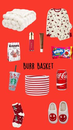 a bunch of items that are sitting on a red background with the words burr basket