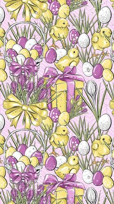 a pink background with yellow and purple easter eggs, grass, and bows on it