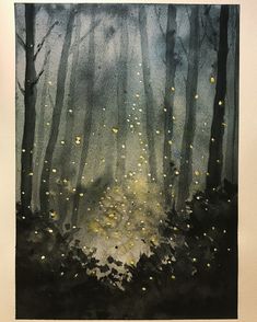 a painting of fireflies in the woods