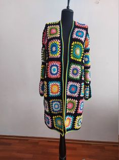 Multi-colored Long Sleeve Patchwork Cardigan, Colorful Long Sleeve Patchwork Cardigan, Retro Patchwork Cardigan For Spring, Multicolor Retro Patchwork Cardigan, Handmade Multicolor Vintage Outerwear, Retro Multicolor Patchwork Cardigan, Handmade Vintage Multicolor Outerwear, Vintage Multicolor Patchwork Cardigan, Vintage Multicolor Granny Square Outerwear