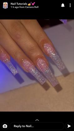 Sparkly Square Acrylic Nails, Crystal Inspired Nails, Clear Glitter Acrylic Nails, Gemini Nails, Signature Nails, Nail Glow, Clear Glitter Nails, Luv Nails, Spring Acrylic Nails