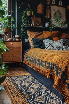 a bedroom with plants and rugs on the floor