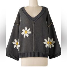 Miracle Gray With Daisy Print Knit Sweater. Various Size; Xs/S, S/M, M/L. Oversized. Very Soft Stretch Knit Fabric. Nwt- New With Tags Measurements Laid Flat Approx- Size Xs/S 26” P2p Size S/M 28” P2p Soft Knit V-neck Sweater For Spring, Yellow Soft Knit Sweater For Spring, Spring Yellow Soft Knit Sweater, Trendy Chunky Knit V-neck Sweater For Spring, Trendy Spring V-neck Sweater In Chunky Knit, Oversized Cotton V-neck Sweater For Spring, Cozy Knit V-neck Sweater For Spring, Spring Cozy Chunky Knit V-neck Sweater, Oversized Yellow Knit Sweater