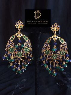 Madhuri hyderabadi jadau earrings in sapphire and emerald combination , indian jewellery Green Meenakari Gold-plated Earrings, Elegant Blue Cutdana Earrings, Hand Set Kundan Chandelier Dangle Earrings, Kundan Hand Set Chandelier Earrings, Green Gold Plated Chandbali Earrings, Gold Plated Green Chandbali Earrings, Formal Meenakari Chandbali Danglers, Blue Kundan Earrings Hand Set, Gold Chandbali Beaded Earrings With Meenakari