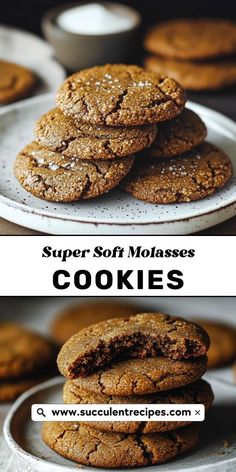 two pictures of cookies with the words super soft molassses cookies on top and bottom