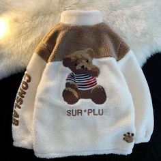 Unisex Cute Bear Plush Jacket Winter Patchwork Crew Neck Outerwear, Beige Crew Neck Outerwear For Streetwear, Cute Bear Plush, Placket Design, Plush Jacket, Sleeve Placket, Coat Trends, Casual Trends, Cozy Coats