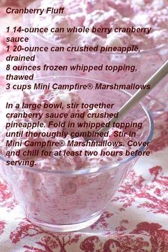 a recipe for cranberry fluff in a glass bowl