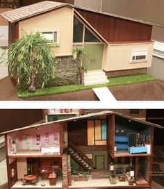 the inside and outside of a dollhouse with two levels on each floor, one level on the other