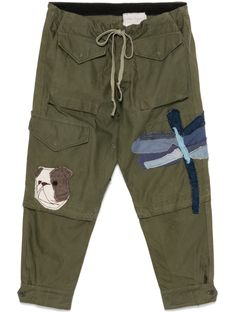 khaki cotton blend canvas concealed front button fastening drawstring waist two diagonal pockets to the sides two front patch pockets front flap pocket dragonfly patchwork detailing dog motif patch detail button-fastening ankle tapered leg Cargo Pants Green, Greg Lauren, Dog Motif, Pants Green, Tapered Pants, Flap Pocket, Tapered Legs, Cargo Pants, Drawstring Waist