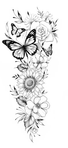 a black and white drawing of flowers with butterflies