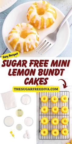 sugar free mini lemon bundt cakes on a white plate with the title overlay