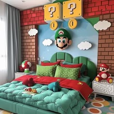 a bedroom decorated in mario bros theme with green and red bedding, matching wall decor