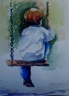 a painting of a boy sitting on a swing