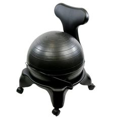 an exercise ball sitting on top of a black desk chair with one arm extended to the side