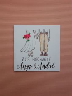 a wedding card with an illustration of a bride and groom holding hands, on a pink background