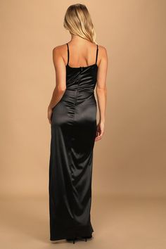 A memorable night starts with the Lulus Meant to be Romanced Black Satin Column Maxi Dress! Sleek and stretchy satin shapes this dress that has adjustable spaghetti straps, a straight neckline, and a fitted bodice with darting. A high waist tops a column maxi skirt for a stunning finish. Hidden back zipper/clasp. Fit: This garment fits true to size. Length: Floor length. Size medium measures 52.5" from adjustable straps to hem. Bust: Great for any cup size. Waist: Fitted - very fitted at natural Satin Slip Dress With Corset Back For Night Out, Ruched Slip Dress With Sweetheart Neckline For Night Out, Fitted Satin Maxi Slip Dress, Evening Slip Dress With Corset Back And Spaghetti Straps, Formal Slip Dress With Spaghetti Straps And Corset Back, Ruched Satin Slip Dress For Date Night, Fitted Satin Slip Dress For Night Out, Party Slip Dress With Sweetheart Neckline And Satin Finish, Fitted Satin Dress With Adjustable Straps For Evening