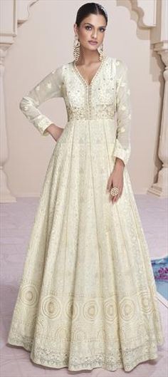 White and Off White color Gown in Georgette fabric with Cut Dana, Embroidered, Sequence, Thread work Party Wear Anarkali, Floor Length Anarkali, Gown With Dupatta, Gown Suit, Readymade Saree, Designer Anarkali, Anarkali Gown, Ghagra Choli, Beaded Gown