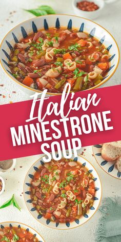 two bowls filled with italian minestone soup on top of a white table next to bread