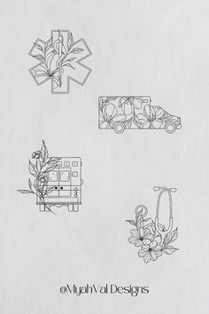 four different types of flowers and medical symbols on white paper with black ink texting