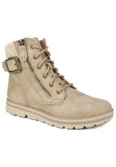 The Kelsie lace-up boot from Cliffs by White Mountain will be your go to this season. This boot takes the styling of a classic hiker to a fashion statement with its buckle and sweater detailing. The light-weight outsole and light cushioned insole make this style a great boot for all day wear.Textile UpperSynthetic LiningSynthetic Outsole1" Heel height5" Shaft height9.25" Boot leg circumferenceBoot available in sizes 6-9 whole and half sizes, 10, 11 | Women's Kelsie Boot by Cliffs in Natural (Siz Sweater Collar, Stylish Sweaters, Lace Up Booties, White Mountain, Womens Tights, Cozy Fashion, Lug Sole, Timberland Boots, Work Boots