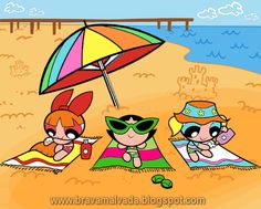 cartoon characters laying on the beach under an umbrella