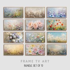 the frame tv art bundle set of 12 is shown in various sizes and colors, including flowers