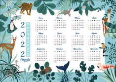 a calendar with animals and plants in the jungle on it's side, including an animal