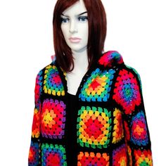 Hand Knitted Multicolor Knit Cardigan, Multicolor Hooded Sweater For Spring, Multicolor Knitted Hooded Sweater, Bohemian Hooded Crochet Cardigan, Hooded Multicolor Cardigan, Multicolor Crochet Knit Cardigan, Hooded Multicolor Cardigan For Spring, Multicolor Knitted Acrylic Outerwear, Cozy Multicolor Hooded Sweater