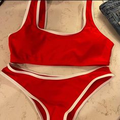 Red Shein Bikini With White Details. Never Worn. Size Medium. Red Sleeveless Swimwear For Beach Party, Red Sleeveless Swimwear For Beach Season, Casual Red Swimwear For The Pool, Red Sleeveless Swimwear For Sunbathing, Modest Swimwear, White Details, Red Swimsuit, Causual Outfits, Cute Swimsuits