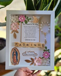 **Custom Godparent/Padrino Proposal Shadowbox - Personalized Paper Flower Frame** Celebrate your special moment with a beautifully crafted godparent/padrino proposal shadowbox. Each shadowbox is designed with delicate paper flowers and customized to fit your unique style. Perfect for asking that special person to be a godparent or padrino! **Product Details - **Size 8"x10" - **Frame Colors White, Black, or Gray - **Flower Colors Choose your preferred color - **Personalized Quote Add your own special message **How to Order 1. Select your frame color, flower color, and quote during checkout. 2. After purchase, please email your photo to craftedbymonica [!at] gmail.com, including your order number and name as shown on your order. Alternatively, you can send it through messages in the personal Padrino Proposal, Paper Flower Frame, Asking Godparents, Godparent Request Ideas, Godparent Request, Winnie The Pooh Pictures, Creative Birthday Gifts, Godparent Gifts, Personalized Quotes