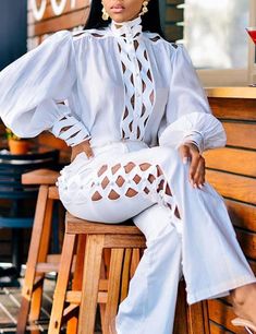 Fall Retro White Hollow Out Puff Sleeve Blouse and Match Pants Set - Duttin McQueen Cutout Pants, White Lace Shirt, White Fashion Casual, Solid Color Jumpsuits, Clothes Stand, Plus Size Two Piece, Elegant Outfits, Solid Color Pants, Turtleneck Long Sleeve