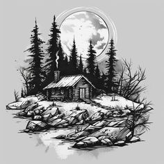 a drawing of a cabin in the woods under a full moon with trees and rocks