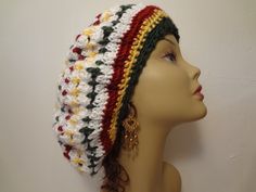 Ready To Ship! Tam Hat - Crown - Rasta Hat  Handmade Crochet The colors of this hat represent Rasta Colors. Handmade and designed by me -- with 100% Soft Acrylic Yarn.  This Crown/Tam is made big enough for medium to medium-long dreads. It also looks great even if you don't have any dreads. If you have any questions -- please feel free to contact me. Head Circumference 21 to 23 inches  Machine Wash - Cold Water - Gentle Cycle - or - Hand Wash Cold Machine Dry - Low Heat - Delicate Cycle - or - Lay Flat To Dry Thank You for shopping at tlccrochetdesign 😊 Thank You also for appreciating handmade items. 👍 Rasta Hat, Tam Hat, Long Dreads, Rasta Colors, Hat Handmade, Slouchy Hat, Medium Long, Acrylic Yarn, Handmade Crochet