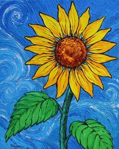 a painting of a yellow sunflower with green leaves