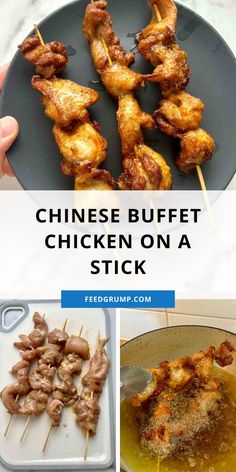 chicken on a stick is being served with sauce