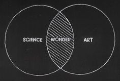 two intersecting circles with the words science wonder art written in white chalk on a blackboard