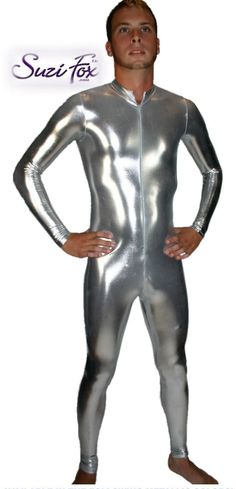 Mens Catsuit in Shiny Silver Metallic Foil coated Spandex by Suzi Fox. * 4 way stretch. Shiny, body hugging and comfortable fabric. * Front zipper. * This garment is made to the measurements on the measurement chart in the pictures section. * This is a 4-way stretch fabric that looks like aluminum foil but is stretchy! Black looks like faux leather or rubber. * Available in gold, silver, copper, gunmetal, turquoise, Royal blue, red, green, purple, fuchsia, black faux leather/rubber Metallic Foil Metallic Shiny High Stretch Unitard, Mens Catsuit, Clubwear Tops, Outfit Uomo, Mens Tights, Metallic Foil, 4 Way Stretch Fabric, Measurement Chart, Mens Costumes