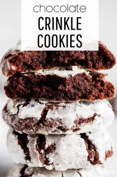 chocolate crinkle cookies stacked on top of each other with the title above it