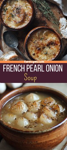 french pearl onion soup in a wooden bowl with spoons and bread on the side