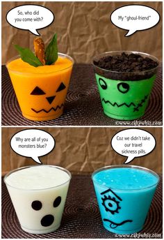 three different cups with halloween faces painted on them