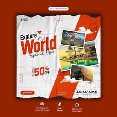 an advertisement for a travel company with photos on the front and back side of it