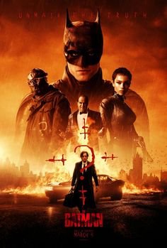 the batman movie poster with two men standing in front of an orange sky and red clouds