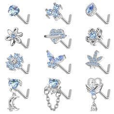 an assortment of various piercings with blue crystals