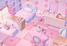 this is an image of a cartoon bedroom with teddy bears and other things on the floor