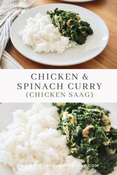 chicken and spinach curry with white rice on a plate, next to another dish