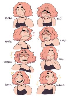 the stages of facial expression in an animated cartoon character's face, with different expressions and